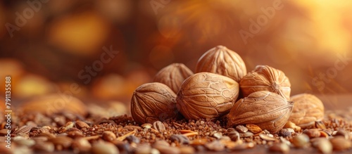 Macro Photo of Walnuts and Walnut Shells on Textured Ground in Autumn Harvest Season