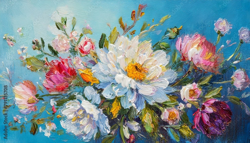 Floral Oil Painting on Blue Background
