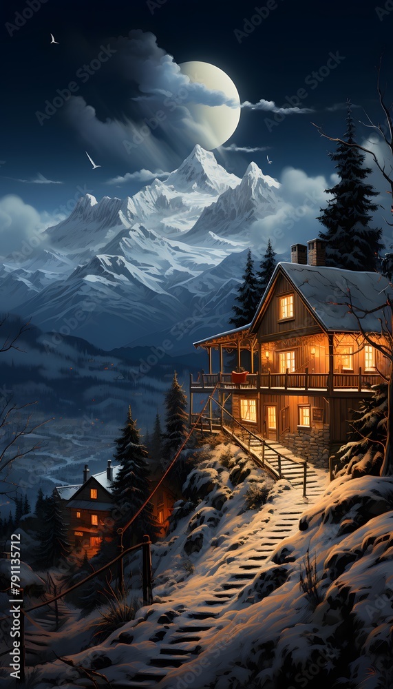 Winter night in the mountains. Wooden cottage in the mountains at night.
