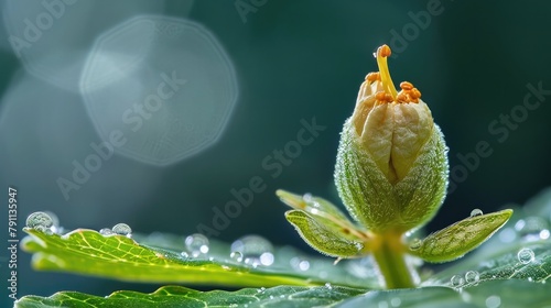 Emerging Cotyledon Seed in Macro Photographic Style with Vibrant Greenery and Water Droplets