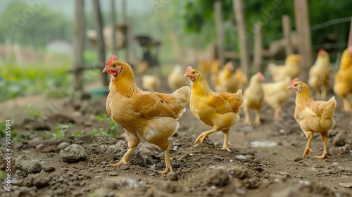 A flock of yellow chickens roaming freely in a spacious poultry farm enclosure