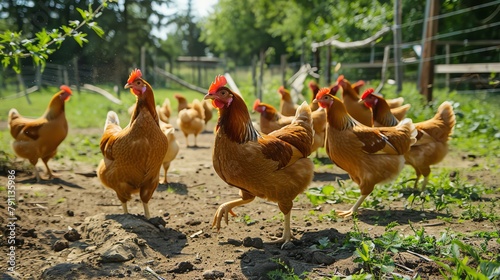 A flock of yellow chickens roaming freely in a spacious poultry farm enclosure photo