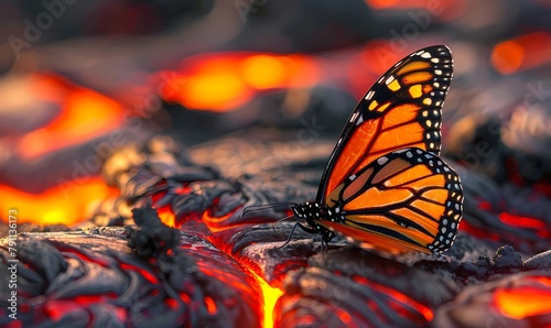 Close-up of a monarch butterfly resting on a textured, glowing lava bed at sunset photo