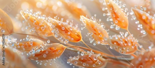 Vibrant macro style of a cluster of seed pods with dew covered details showcasing the natural beauty and intricate patterns found in the natural world