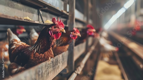 Rows of large chicken coops housing hens in an industrial poultry farm, with conveyor belts transporting feed and eggs in the background