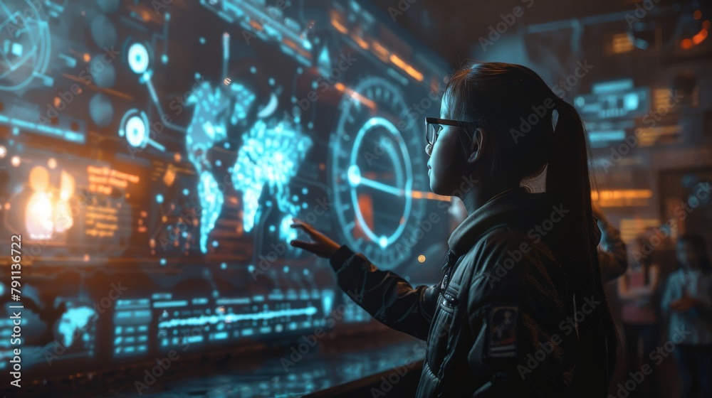 A girl in a dark room with a futuristic computer interface A girl in a dark room with a futuristic computer interface