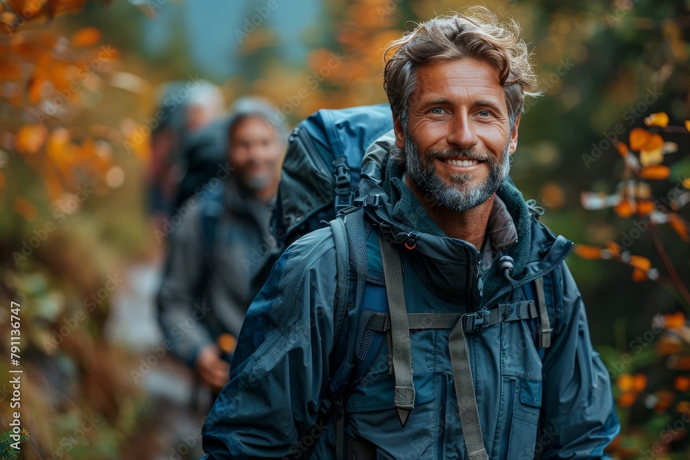Smiling man enjoying a hike in the forest, showcasing outdoor adventure and exploration