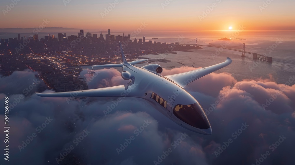 A sleek futuristic airplane flies over a city at sunset.