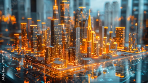 A futuristic city with glowing orange buildings and a blue background. photo
