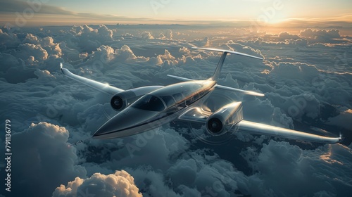 A sleek silver private jet flies high above the clouds at sunset. photo