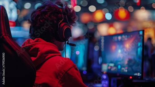 Gamer in red hoodie playing video games at a tournament