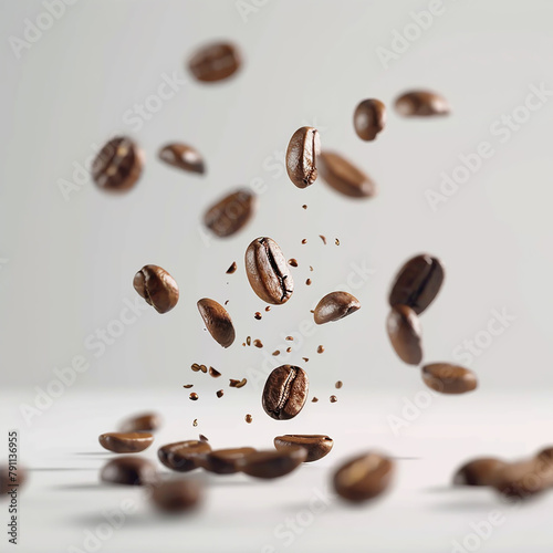 Brown roasted coffee beans falling and flying on black background.Represent breakfast for energy and freshness concept. 