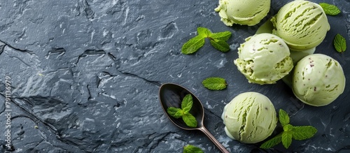 Green tea ice cream with mint leaves and ice cream spoon on a stone slate background. photo