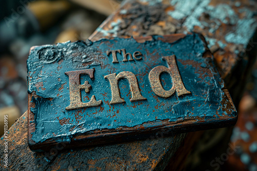 Old rusty metal signboard with the words The end, typography