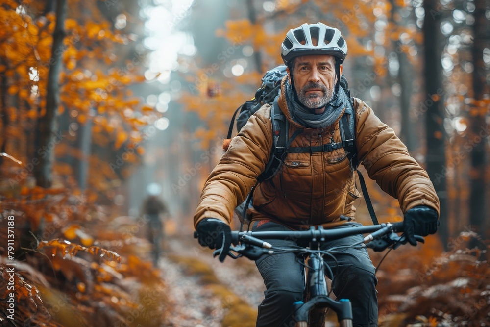 A middle-aged man with a helmet rides a mountain bike on a trail in the colorful autumn forest A middle-aged man with a helmet rides a mountain bike on a trail in the colorful autumn forest