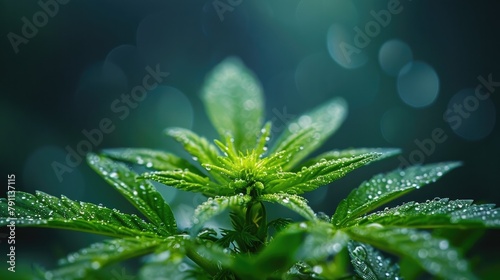 Closeup of Green Leafy Plant with Moisture Droplets in Nature Setting