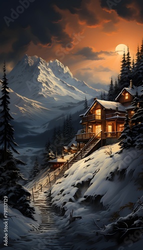 Beautiful winter landscape with wooden house in the mountains at sunset. © Iman