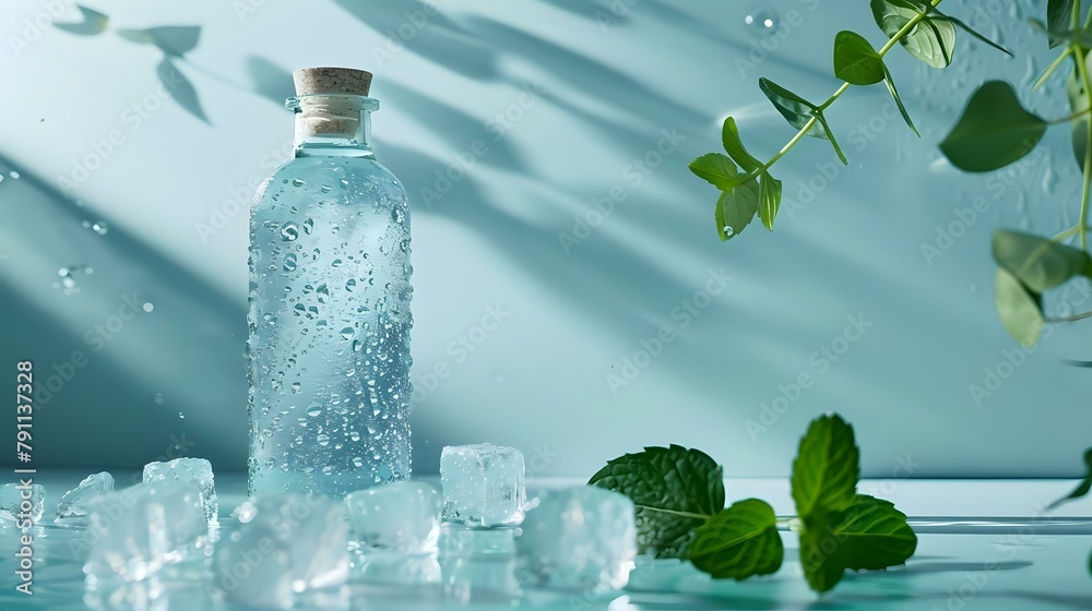 Calming Image of Glass Bottle with Condensation, Ice Cubes, and Greenery Calming Image of Glass Bottle with Condensation, Ice Cubes, and Greenery