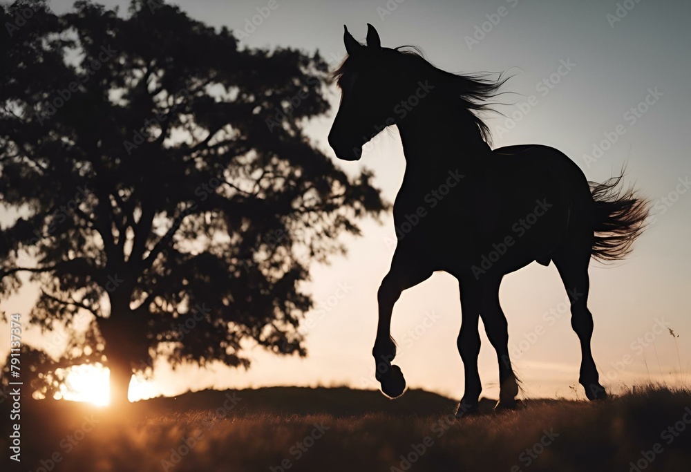 a black horse with long mane running in a field near a tree