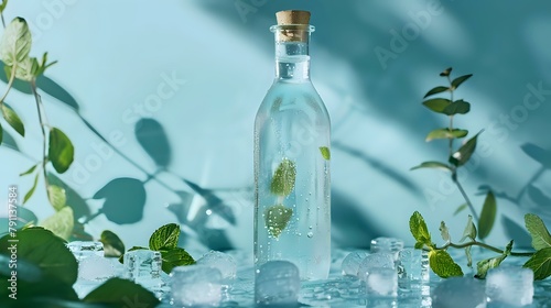 Chilled Drink Concept with Glass Bottle, Ice Cubes, and Greenery