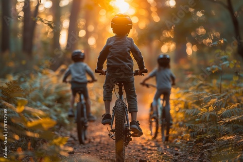 Back view of solitary child cycling away from camera through autumnal forest at sunset