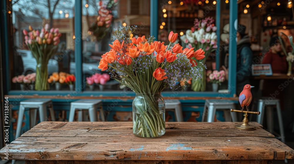   A vase, brimmed with orange blossoms, sits atop a weathered wooden table Before it, a flower shop, its windows bursting with an array of blooms