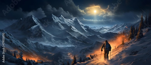 Man skiing in the mountains at sunset, panoramic view. #791138110