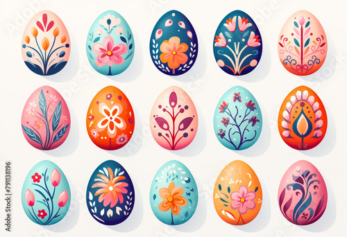 Happy Easter.Set of Easter eggs with different texture on a white background.Spring holiday. Vector Illustration.Happy easter eggs © MALIK