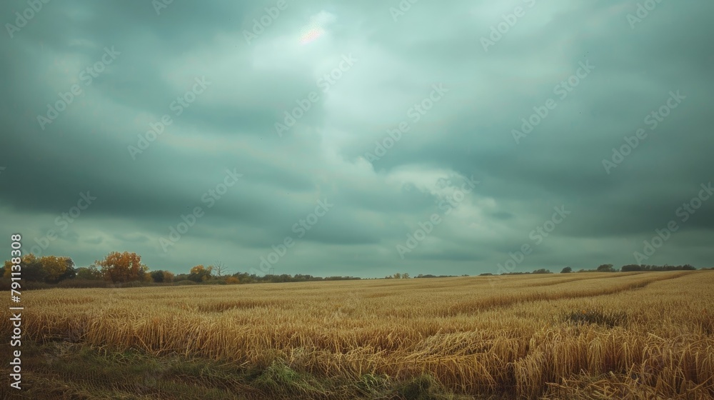 Overcast sky above harvested golden field Overcast sky above harvested golden field