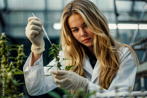 Young beautiful hispanic woman scientist holding marijuana using tweezer at laboratory