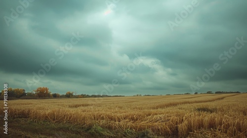 Overcast sky above harvested golden field
