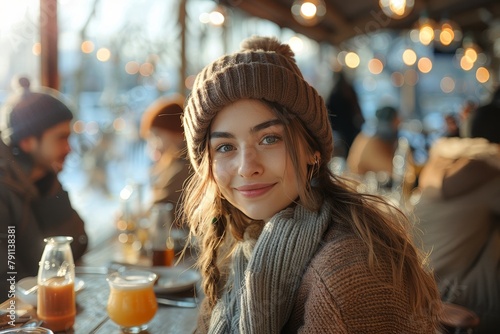 Young, cheerful woman wearing a beanie and scarf is seated at a cafe with a joyful expression