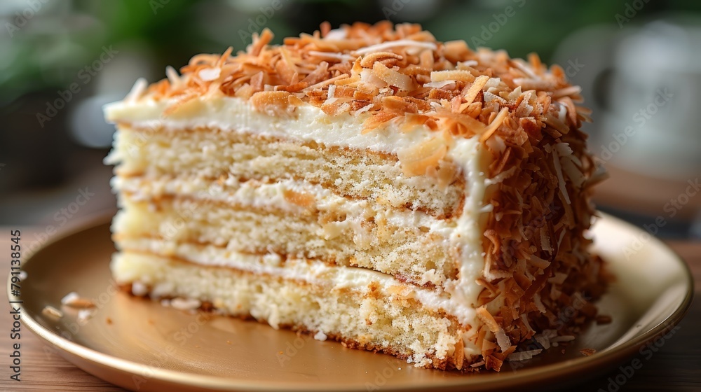   A tight shot of a slice of cake on a plate, a fork nearby, and a steaming cup of coffee in the backdrop