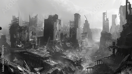 Architectural drawing of a post-apocalyptic cityscape AI generated illustration
