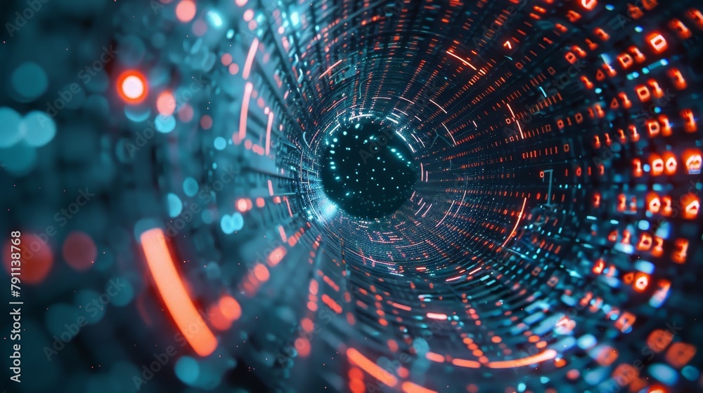 Obraz premium Binary code swirling around a digital fortress AI generated illustration