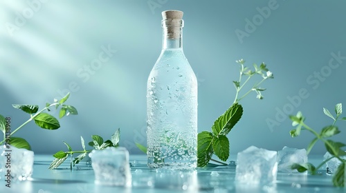 Minimalist Still Life of Chilled Glass Bottle with Ice and Mint