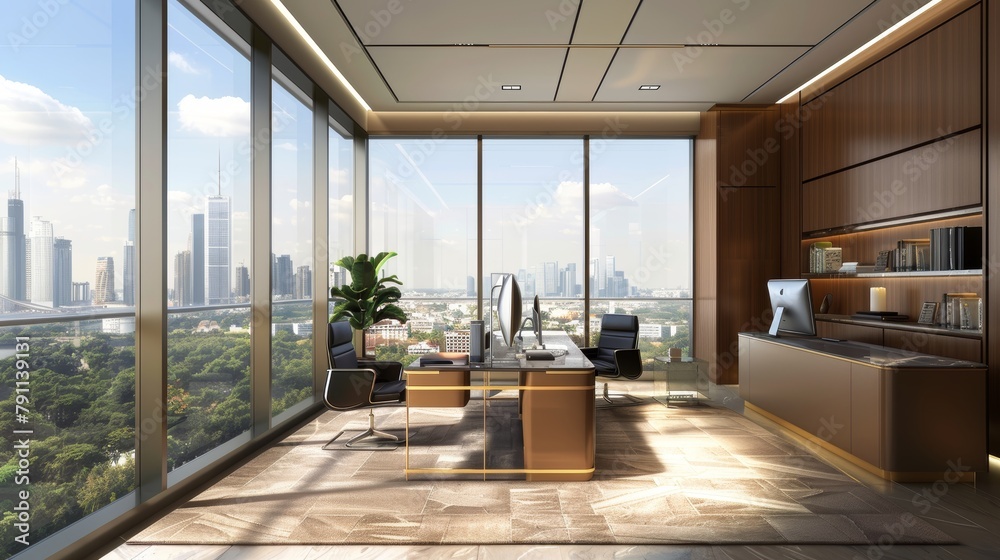 Fototapeta premium CEO office with floor-to-ceiling windows AI generated illustration