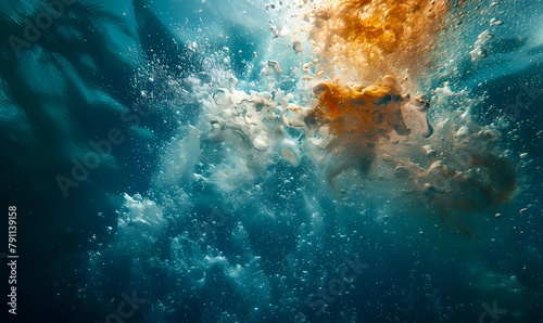 Ethereal underwater scene captures light shafts piercing through the ocean accompanied by rising bubbles photo