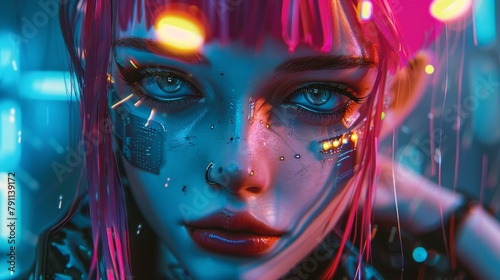 Close up of a digital cyberpunk doll with neon hair AI generated illustration