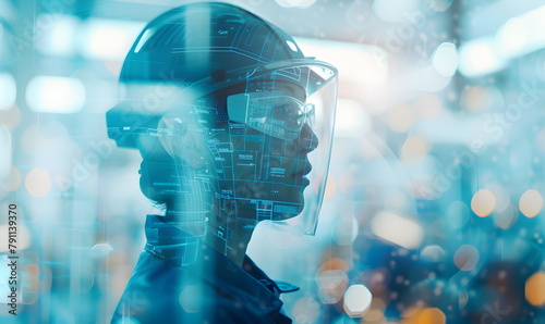 A serious young Korean woman in a protective helmet and glasses, looking away from the window, working in the field of construction and investment, business sphere, assistant. Double exposure of high 