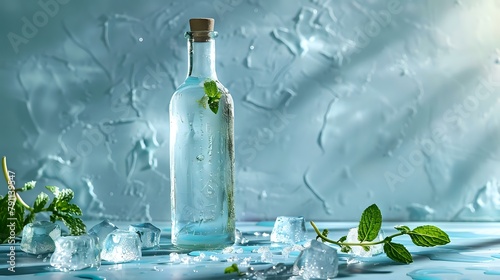 Artistic Presentation of Chilled Beverage in Glass Bottle with Ice and Mint