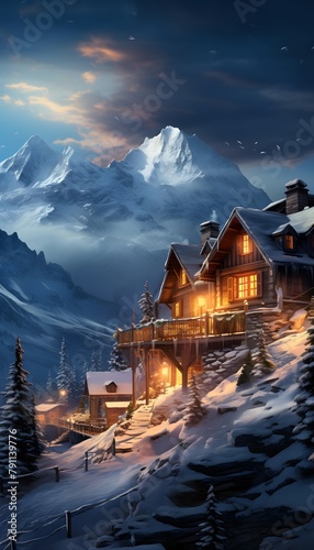 Winter mountain village panorama with wooden house and snow covered mountains. © Iman