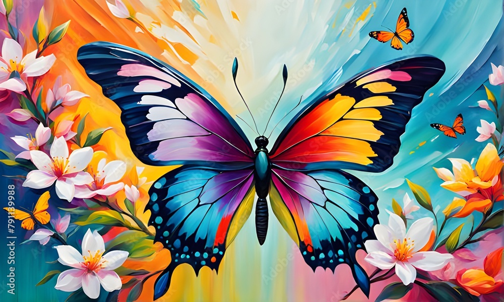 Abstract butterfly painting, close-up, oil paint strokes, texture, colorful, spring atmosphere. Generative AI