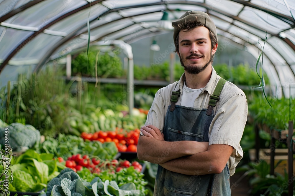 Young farmer in front of a greenhouse with vegetables Young farmer in front of a greenhouse with vegetables