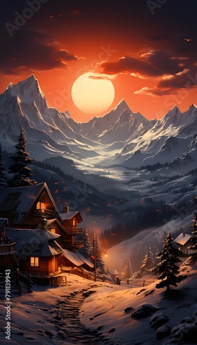 Beautiful winter landscape in the mountains at sunset. Panorama.