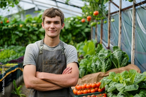Young farmer in front of a greenhouse with vegetables