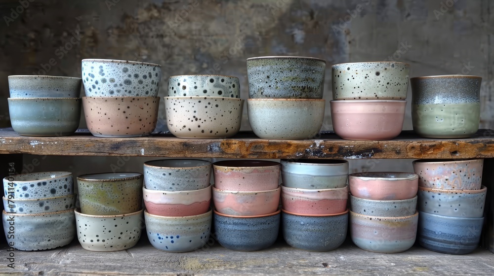 A wooden shelf holds various colorful vases Shelf situated before a wall A wooden shelf holds various colorful vases Shelf situated before a wall