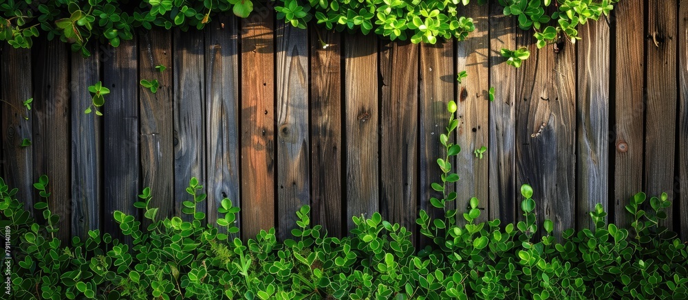 Fototapeta premium Green grass and leafy plants contrast against a wooden fence in the backdrop.