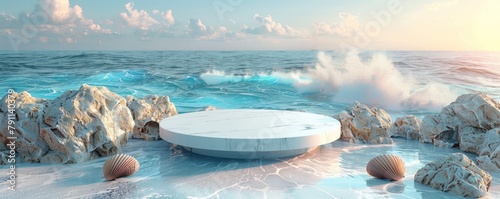 Stunning tranquil sea view with modern circular platform surrounded by waves and rocks