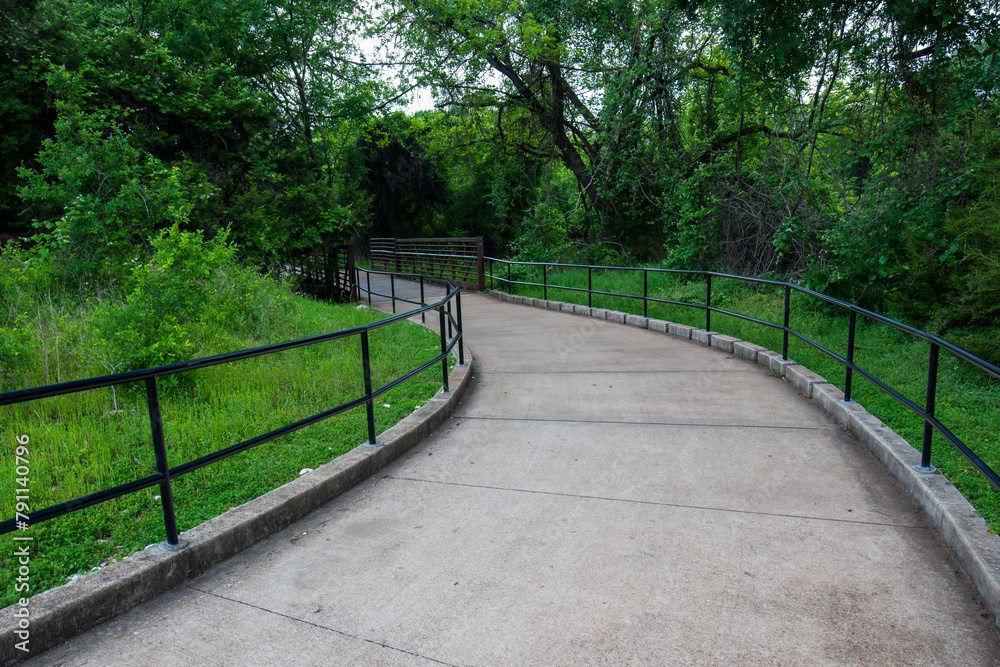 A winding concrete pathway is flanked by metal railings and enveloped by lush greenery. The curved design leads the eye through the scene, enhancing the sense of a peaceful natural escape.